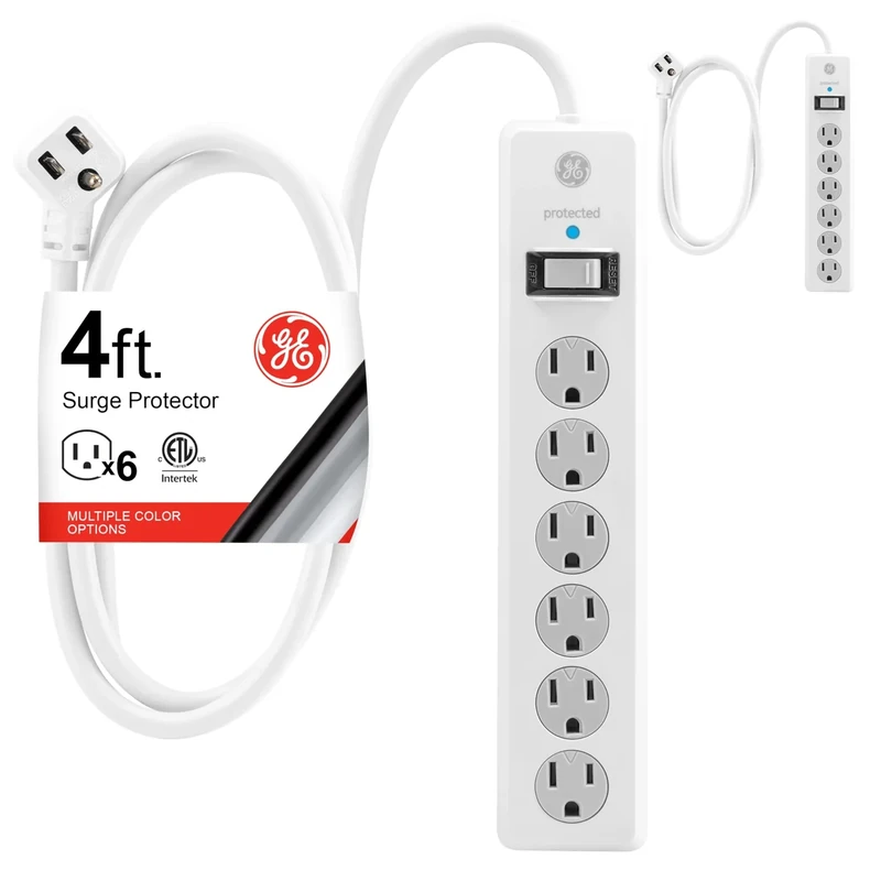GE 6-Outlet Surge Protector - 4ft Extension, 800J, Flat Plug, 2 Pack