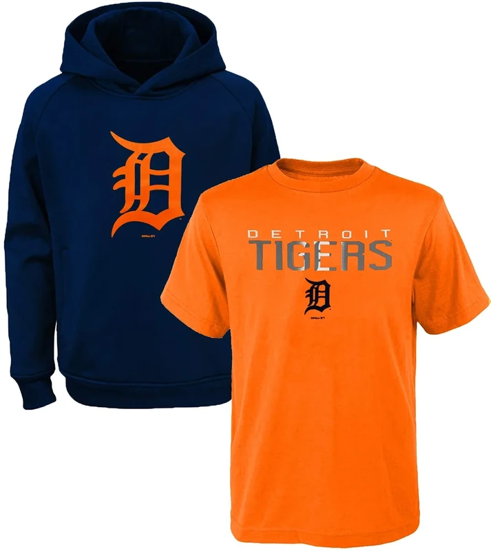 MLB Youth 8-20 Polyester Performance Primary Logo Pullover Sweatshirt Hoodie & T-Shirt 2 Pack Set (14-16, Detroit Tigers)