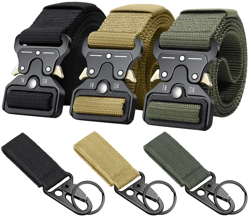 Ginwee 3-Pack Military Style Tactical Belts for Men, Quick-Release Metal Buckle with Molle Key Ring Holder