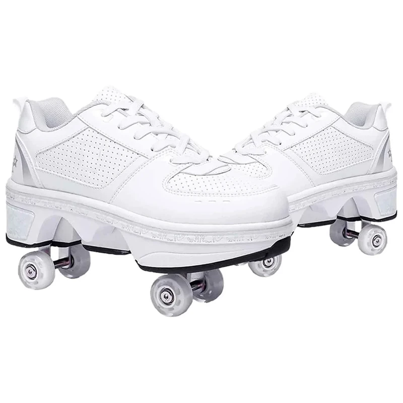 Double-Row Deform Wheel Automatic Walking Shoes Invisible Deformation Roller Skate 2 in 1 Removable Pulley Skates Skating Parkour (Low Waist Silver, US 5.5)