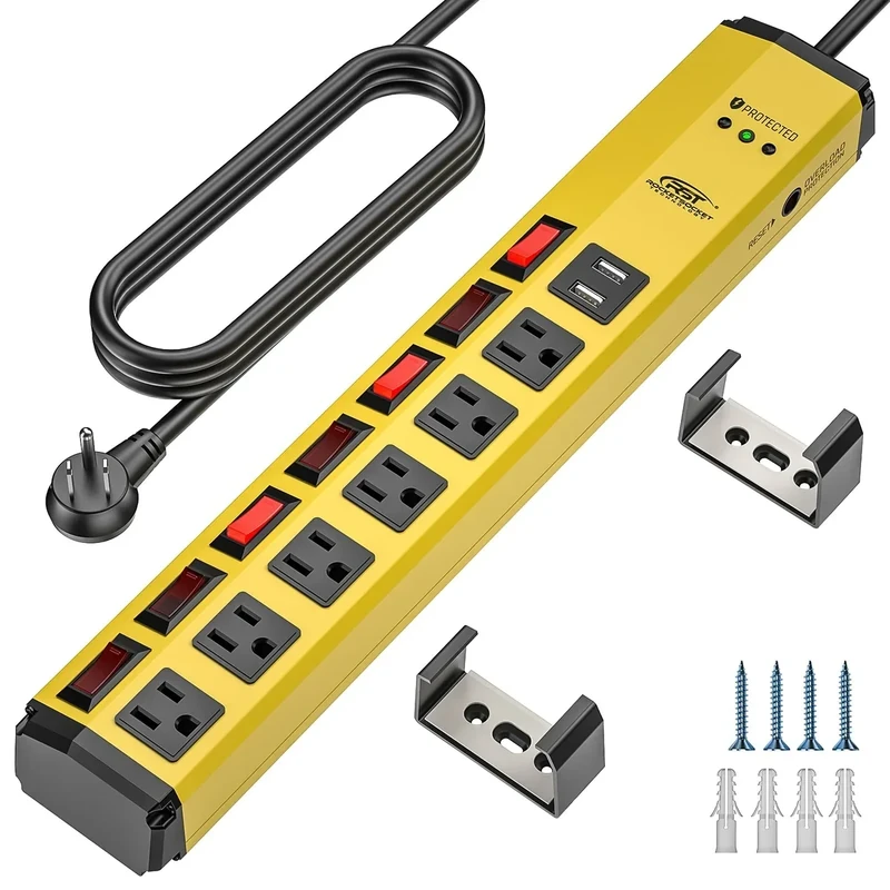 CRST 6-Outlet Heavy Duty Power Strip with USB and Individual Switches, 1200 Joules Metal Mountable Surge Protector Power Strip 15A Circuit Breaker, 6FT Extension Cord for Garage, Workshop, School