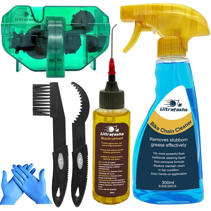 Ultrafashs Bicycle Chain Oil Lubricant and Cleaner Set with Bike Degrease,Wet Lubricant,Chain Scrubber Cleaning Brush Tool.Bike Lube-2oz,Degreaser-10oz.