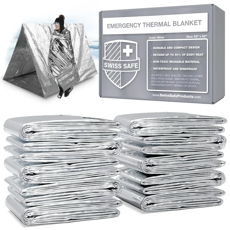 Swiss Safe Emergency Mylar Thermal Blankets + Bonus Space Blanket - Compact & Insulated for Cold Weather - Designed for NASA, Outdoor Camping, Survival, First Aid Car Kit - Silver, 25 Pack