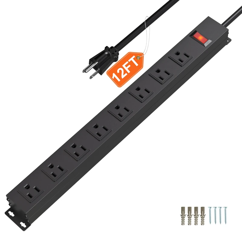 CFMASTER 8 Outlets Metal Heavy Duty Power Strip with 12 Ft 14AWG Power Cord,Wide Spaced Outlets,Wall Mount Long Power Strip for Commercial,Industrial,School,Garage,Home,15A 125V 1875W,Black (12FT)