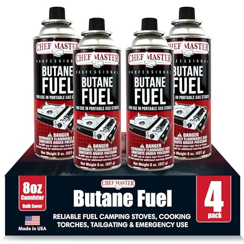 Chef Master 4x 8oz Butane Fuel Canister - Butane Refill for Kitchen Torch & Camp Stove - Gas Canister for Picnics, Outdoor Cooking, Grilling - Camping Stove, Torch Fuel Camping Essentials - 90340