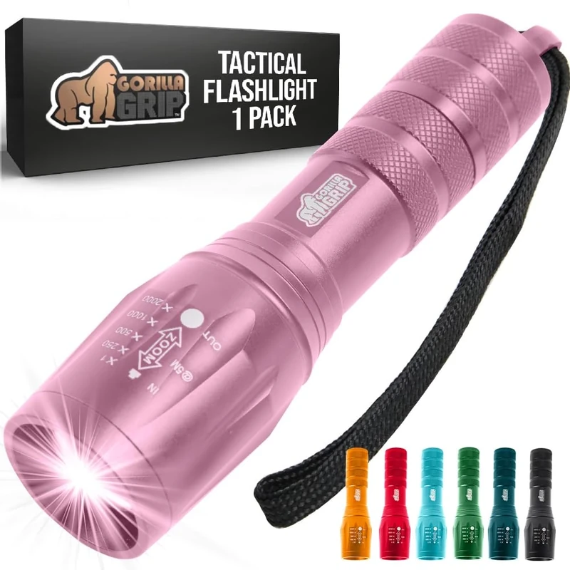 GORILLA GRIP Powerful LED 750 FT Water Resistant 5 Adjustable Mode Tactical Flashlight, High Lumens Ultra Bright Battery Life Zoom Flashlights, Small Camping Car Mini Flash Light Accessories, Pink