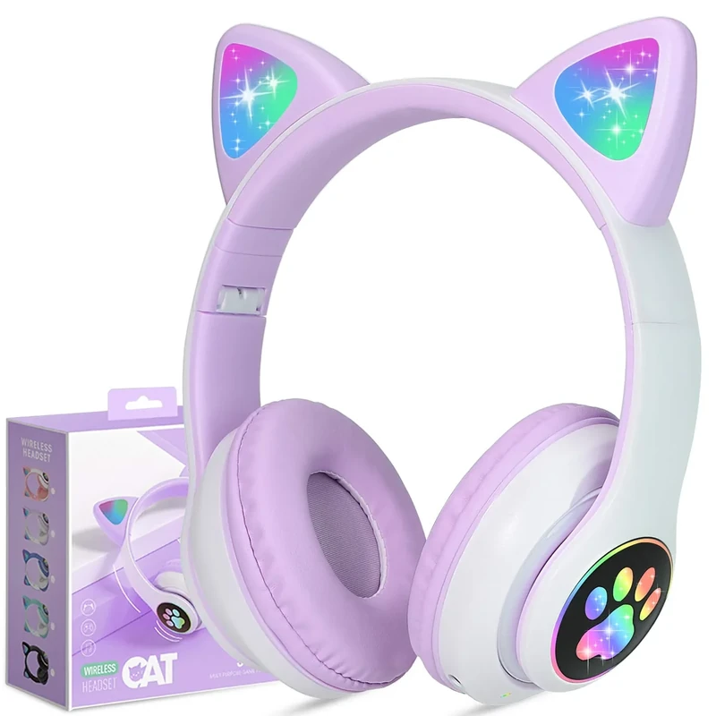 TCJJ Bluetooth 6.0 Cat Ear Headphones - LED Light, 85dB Volume Foldable