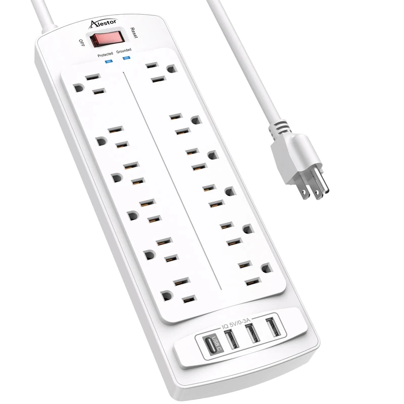 Alestor 12-Outlet Surge Protector with 4 USB Ports, 6ft Cord, 2700J, ETL