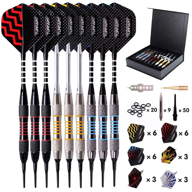 Turnart Darts Plastic Tip - Professional Soft Tip Darts Set for Electronic Dartboard 9 Pcs 18 Grams with 50 Extra Tips 9 Shafts 27 Flights Tool Kit Flight Protectors and Gift Darts Case (Tungsten)
