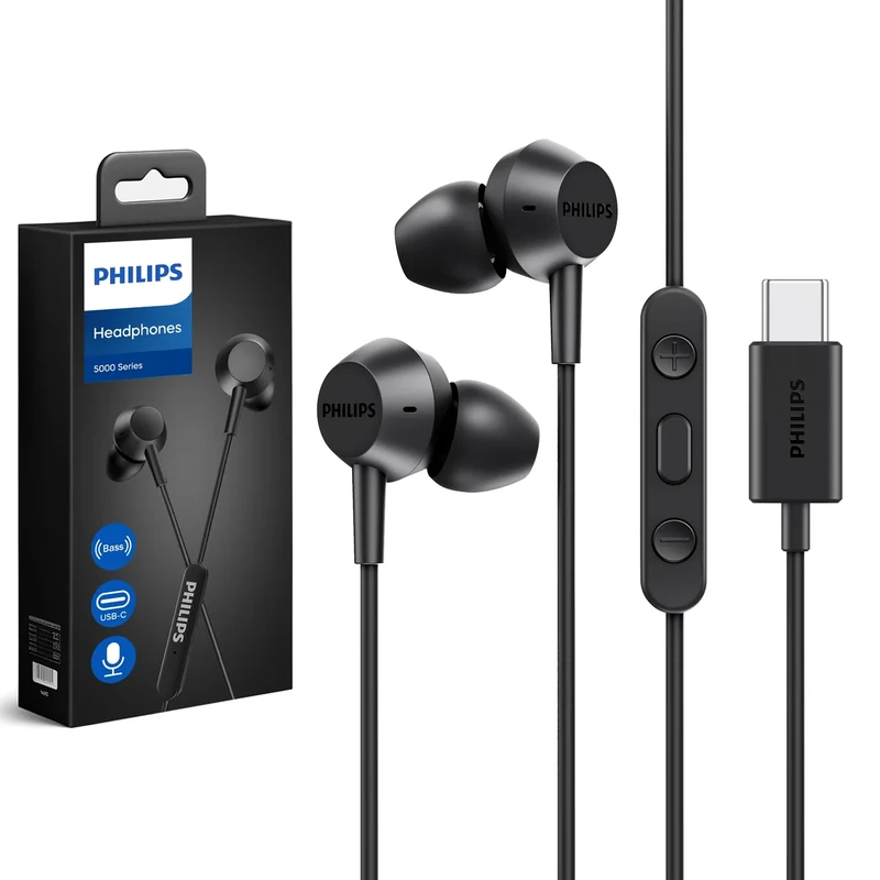 Philips USB C Earbuds Wired with Microphone, in Ear Type C Headphones with mic, Powerful Bass, Lightweight, USB-C Wired Earphones, 3-Button in-line Remote Ear Buds (Black)