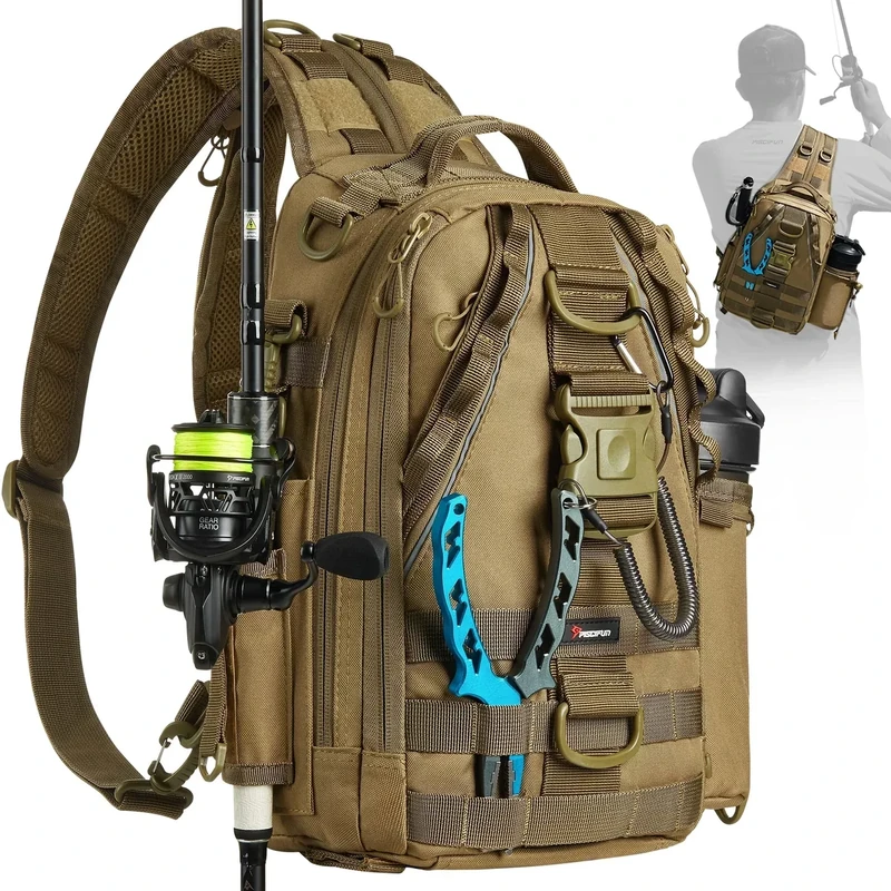 Piscifun Fishing Backpack with Rod Holder, Lightweight Sling Tackle Bag Storge Gear and Equipment, Standard Khaki