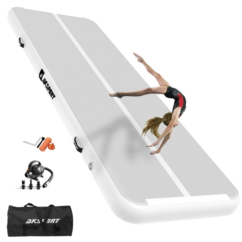 AKSPORT Gymnastics Air Mat Tumble Track Tumbling Mat Inflatable Floor Mats with Electric Air Pump for Home Use/Tumble/Gym/Training/Cheerleading/Parkour/Beach/Park/Water(White, 16ft)