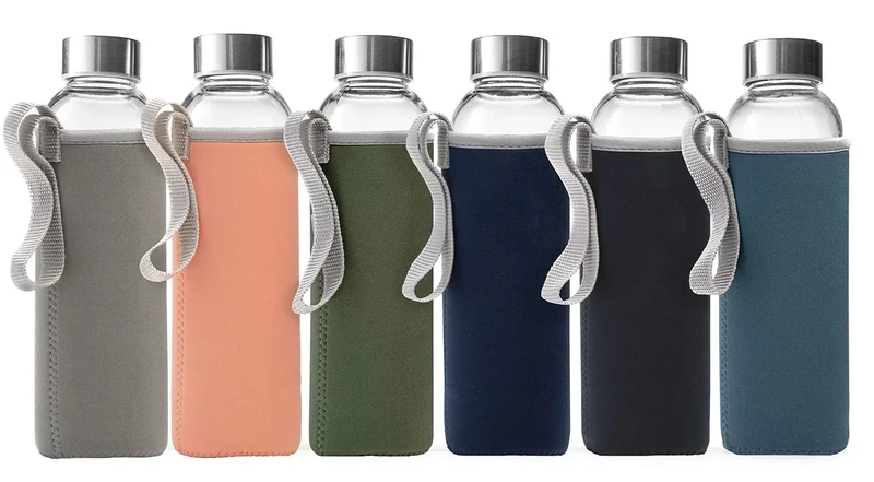 Epica glass bottles with lids – 18oz glass water bottles, reusable juice bottle with lids for storing juices, reusable water bottle durable & ecofriendly set of 6 with Sleeves