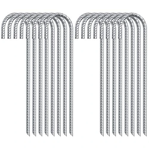 FEED GARDEN 12 Inch 16 Pack Rebar Stakes Heavy Duty J Hook, Galvanized Ground Stakes Tent Stakes Steel Ground Anchors, Chain Link Fence Stakes, Trampoline Stakes,Silver