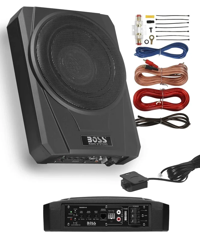 BOSS Audio Systems BASS10K Amplified Car Subwoofer - Low Profile, 10 Inch, 8 Gauge Amplifier Wiring Kit, Remote Subwoofer Control, for Vehicles Needing Bass with Limited Space