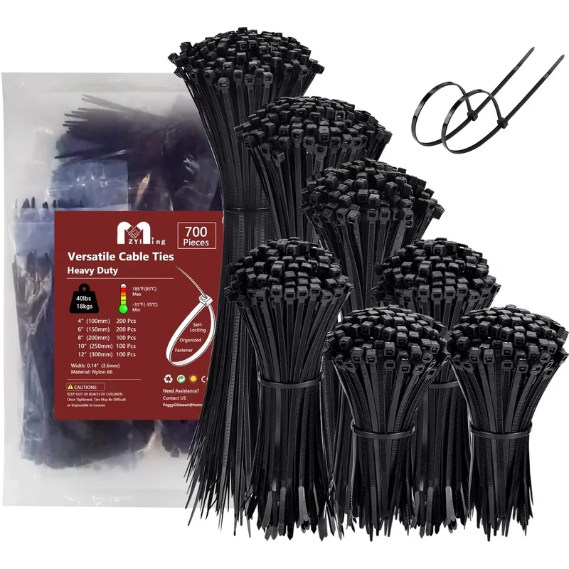 ZYIMING 700-Pack Zip Ties - 4 to 12 Inch, 40lb, UV Resistant
