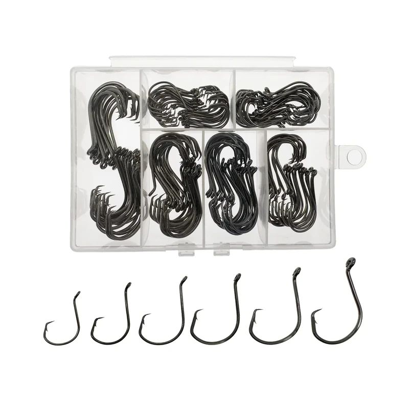 Afmivs Fish Hooks for Fishing Gear Tackle, 150PCS Circle Hooks Saltwater, 6sizes Fishing Hooks Saltwater, Catfish Octopus Hook 1/0 2/0 3/0 4/0 5/0 6/0 Black High Carbon Steel with Portable Plastic Box