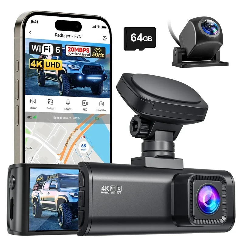 REDTIGER F7N 4K Dash Cam - 4K Front, 1080P Rear, 5.8GHz WiFi, GPS