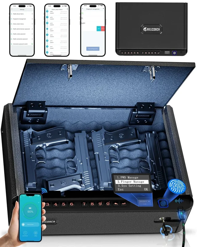 BILLCONCH Smart Gun Safe with Security Cable - Biometric Pistol Safe for Handgun 4 Ways Quick Access with Fingerprint/Keypad/Key/APP Lock, for Nightstand Bedside Home Car with LCD and Voice Guide
