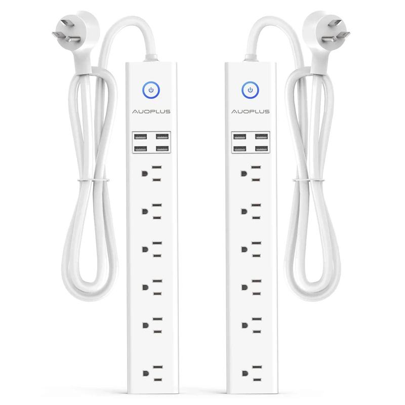 2 Pack Power Strip Surge Protector Flat Plug - 6 Widely Spaced Outlets 4 USB Charging Ports, 2100J/10A with 6Ft Long Extension Cord, Overload Surge Protection, Wall Mount for Home Office