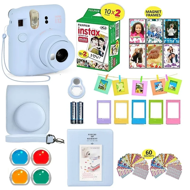 Fujifilm Instax Mini 12 Instant Camera Pastel Blue + Shutter Compatible Carrying Case + Fuji Film Value Pack (20 Sheets) + Shutter Accessories Bundle, Color Filters, Photo Album, Assorted Frames.