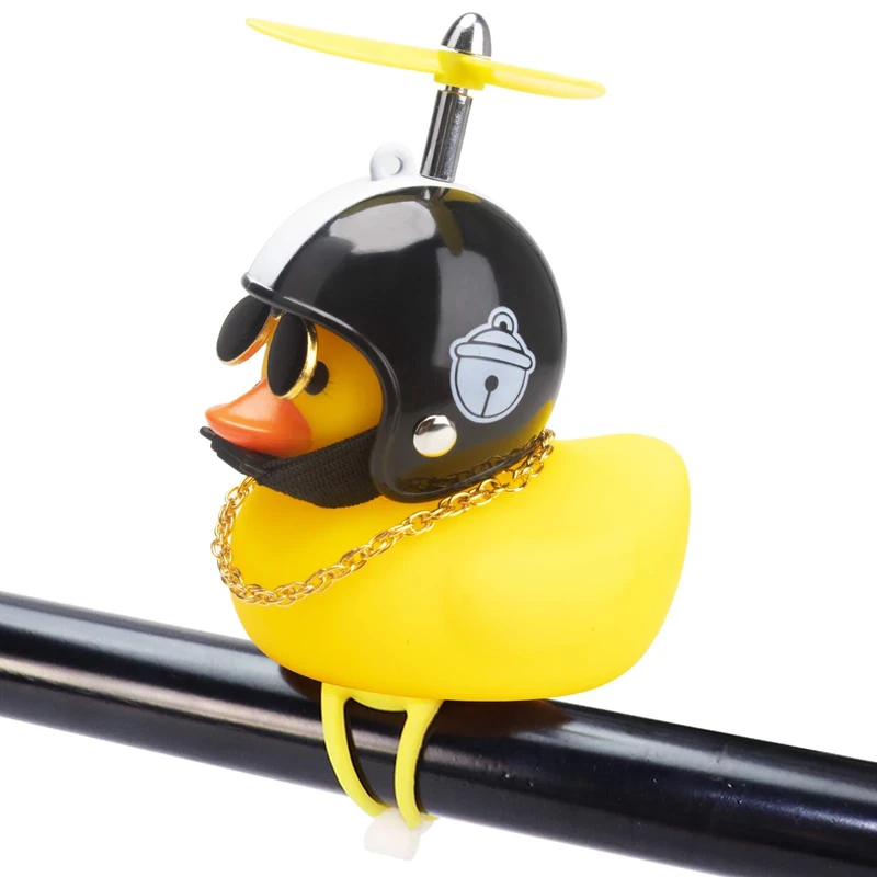 wonuu Rubber Duck Car Ornaments Yellow Duck Car Dashboard Decorations Squeeze Duck Bicycle Horns with Propeller Helmet (Black Hat White Bell-Light)