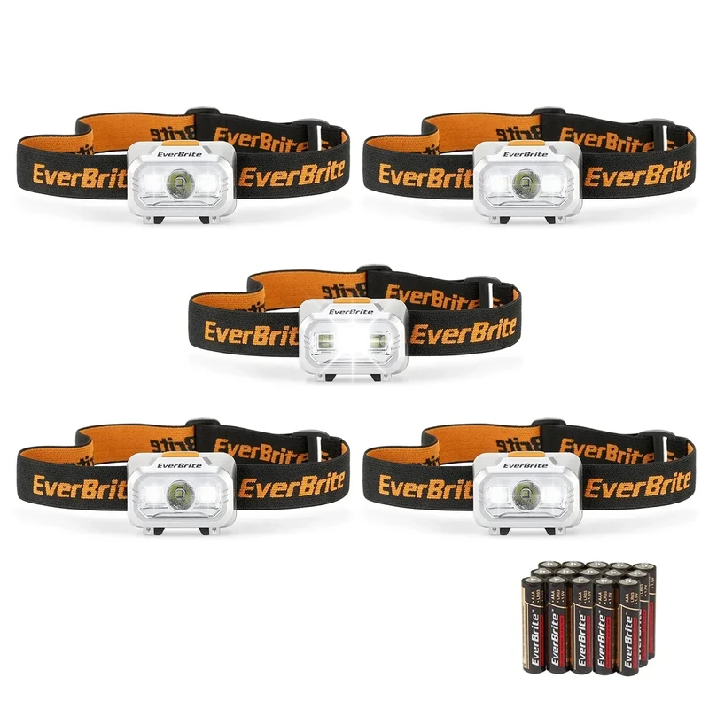 EverBrite LED Headlamp, 4 Lighting Modes, Pivoting Head with Adjustable Headband, IPX4 Water Resistant Perfect for Running, Camping, Hiking, Christmas and Emergency, 3 AAA Battery Powered(5 Pack)