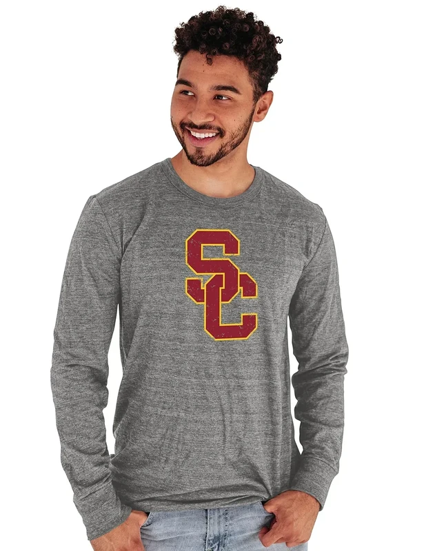 Blue 84 Men's USC Trojans Tri-Blend Long Sleeve T-Shirt Vintage Icon Heather Grey, Grey, Small