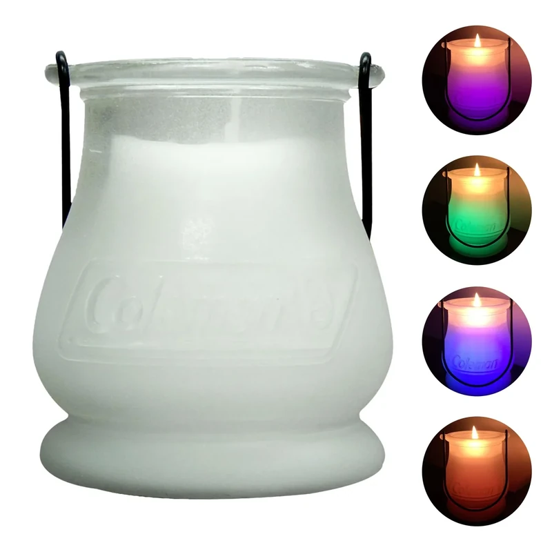 Coleman Color Changing LED Citronella Outdoor Scented Candle, 25+ Hours Burn Time, Festive Color Effects, Glass Holder with Metal Handle