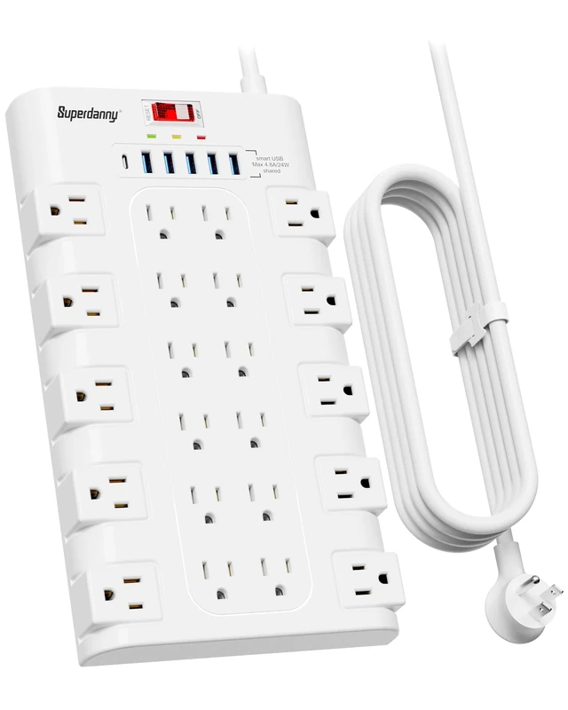 SUPERDANNY 22-Outlet Power Strip with 6 USB Ports - 6.5ft Extension
