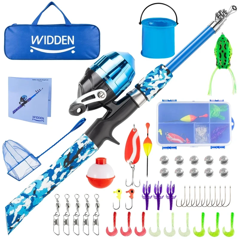 WIDDEN Kids Fishing Pole, Portable Telescopic Kids Fishing Poles for Boys and Girls, Fishing Rod and Reel Combo Kit with Tackle Box, Bag and Fishing Net, Best Fishing Pole for Toddler Youth (Blue)