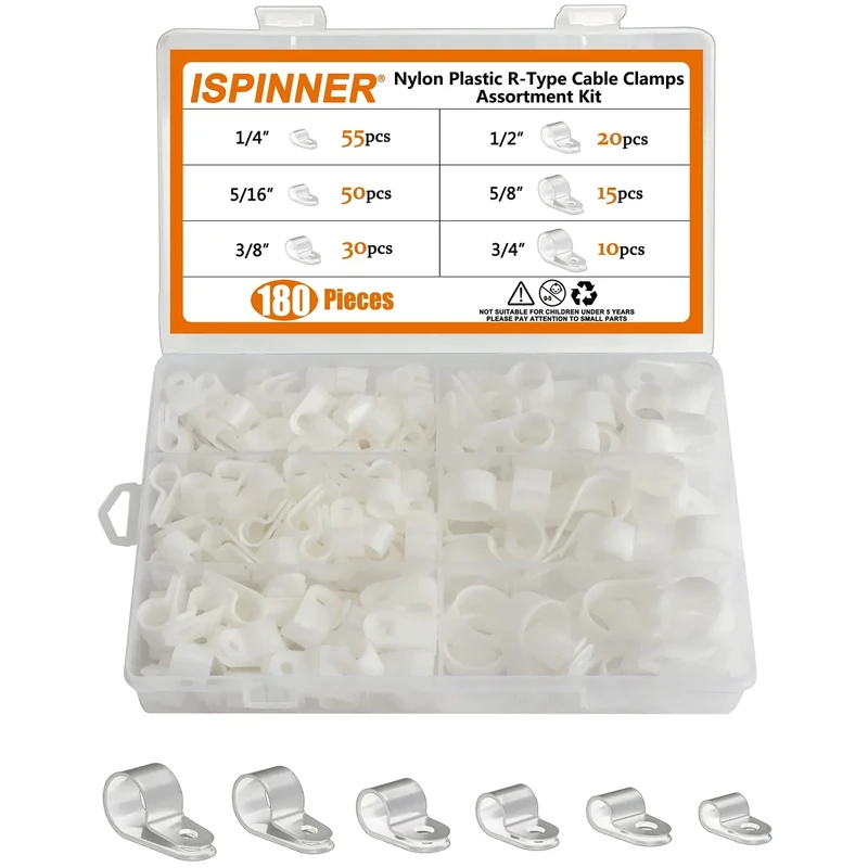 ISPINNER 180pcs Nylon Plastic R-Type Cable Clamps, 1/4" 5/16" 3/8" 1/2" 5/8" 3/4" Clips Fasteners Assortment Kit for Cable Conduit (White)