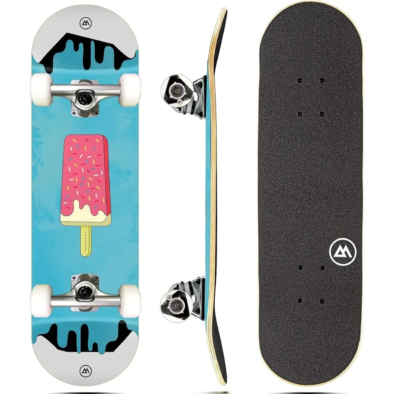 Magneto Kids Skateboard - 7-Ply Maple Deck - Double Kicktail Tricks for Girls Skateboard - Smooth 51mm 95A Wheels & Ice Cream Graphic - 27.5 in x 7.75 in, Ice Cream