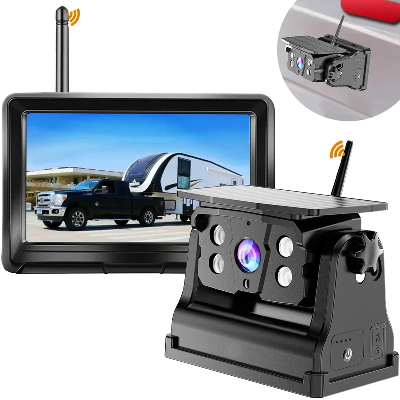 Wireless Backup Camera Solar Magnetic for RV Car Trailer Truck Camper 5th Wheels Hitch Towing No Wiring No Drilling Rechargeable Night Vision Portable Backup Camera with 5" 1080P HD 2-Split Monitor