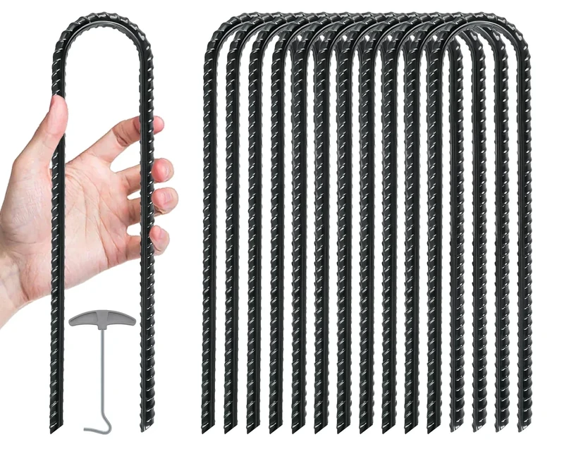 Gtongoko 12 Pack Trampoline Stakes Anchors High Wind, 12 Inch Ground Anchors Heavy Duty with T Hook, Trampoline Tie Down Anchor Kit, Ground Stakes Galvanized Steel, U Shaped, Black