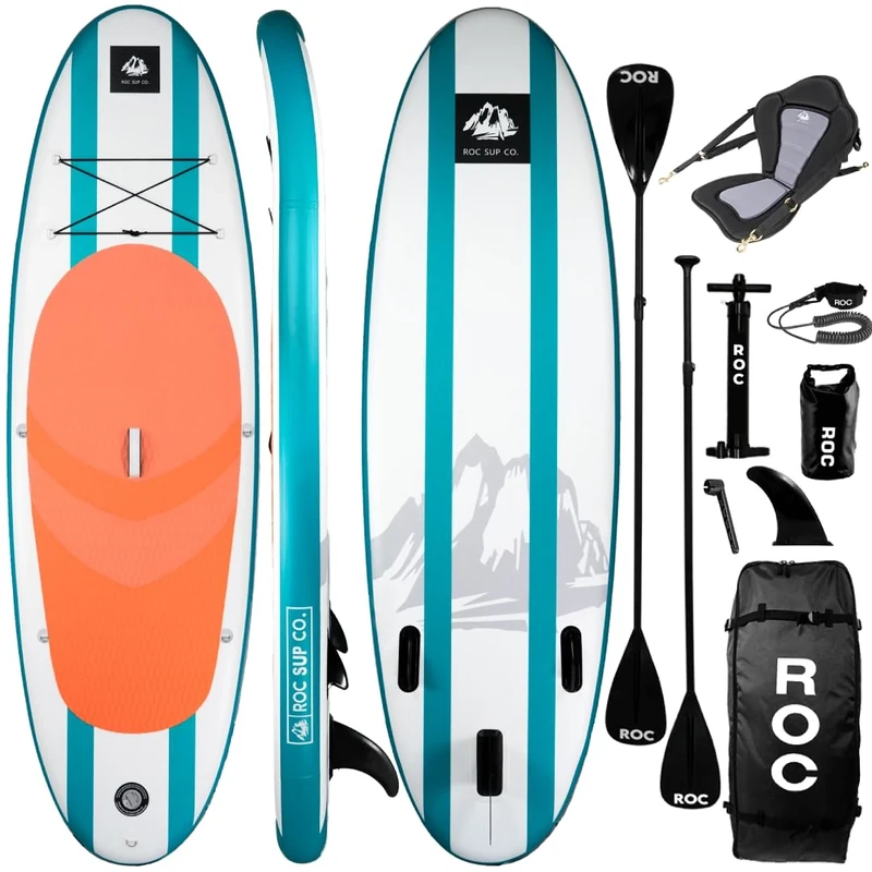 Roc Inflatable Stand Up Paddle Board 10' 6" with Premium SUP Paddle Board Accessories, Wide Stable Design, Non-Slip Comfort Deck for Youth & Adults (Corals w Kayak seat)