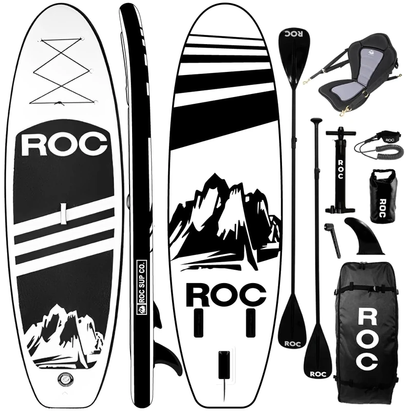 Roc Inflatable Stand Up Paddle Boards with Premium SUP Paddle Board Accessories, Wide Stable Design, Non-Slip Comfort Deck for Youth & Adults (Black W/Kayak Seat)