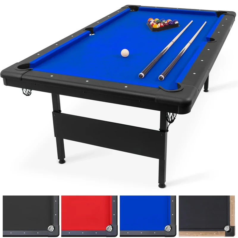 GoSports 6 ft or 7 ft Billiards Table - Portable Pool Table - Includes Full Set of Balls, 2 Cue Sticks, Chalk, and Felt Brush; Choose Your Size and Color