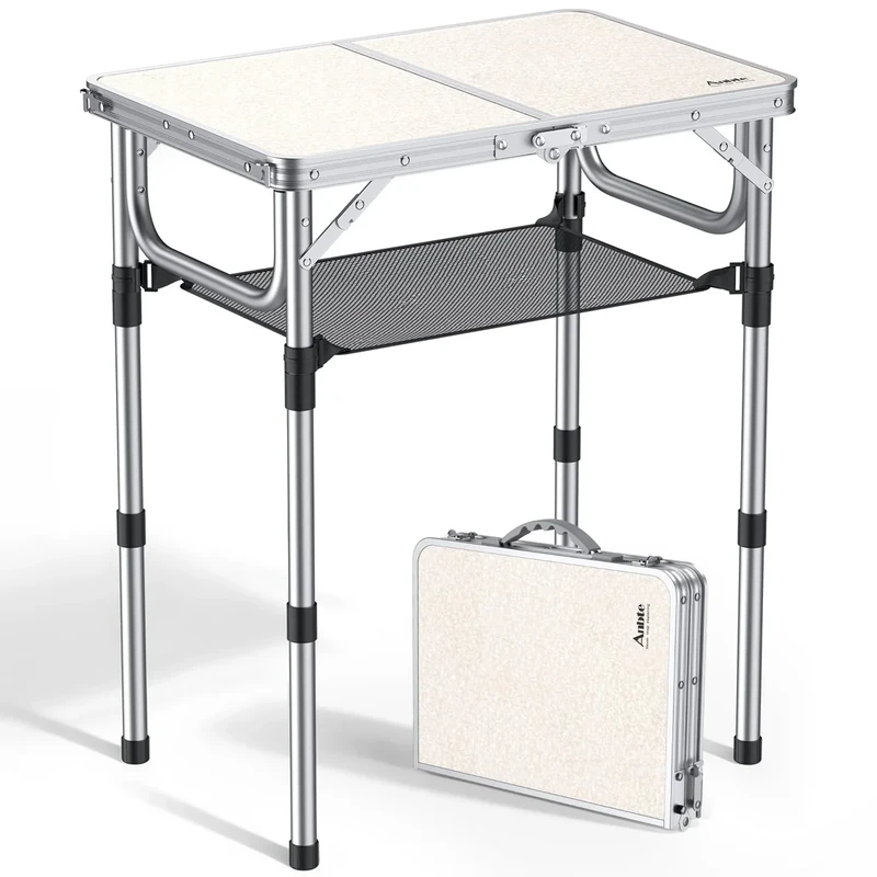 Anbte Folding Camping Table, Aluminum 24" x 16" Adjustable Height Small Folding Table with Carrying Handle, Lightweight, Portable Camping Table Waterproof for Outdoor Indoor Picnic Beach BBQ, Silver