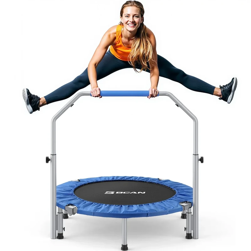 BCAN 40/48" Foldable Mini Trampoline Max Load 330lbs/440lbs, Fitness Rebounder with Adjustable Foam Handle, Exercise Trampoline for Adults Indoor/Garden Workout