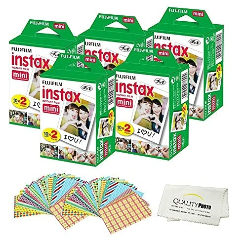 Fujifilm Instax Mini Instant Film Compatible with Instax Mini 8/9/11/12 Cameras – Includes Frame Stickers and Quality Photo Microfiber Cloth (100 Prints)