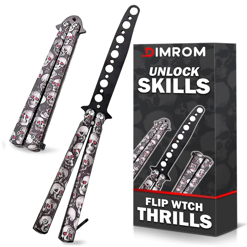 DIMROM Practice Butterfly Knife Trainer - Compact Balisong Knife with Skull Design, Blunt Stainless Steel Blade for Safe Training, Suits for Beginners and Enthusiasts Skill Building