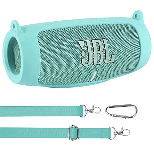 for JBL Charge 5 Waterproof Bluetooth Speaker Silicone Cover Case, Portable Silicone Travel Case with Carabiner, Protective Skin Case (Teal Case) - co2CREA