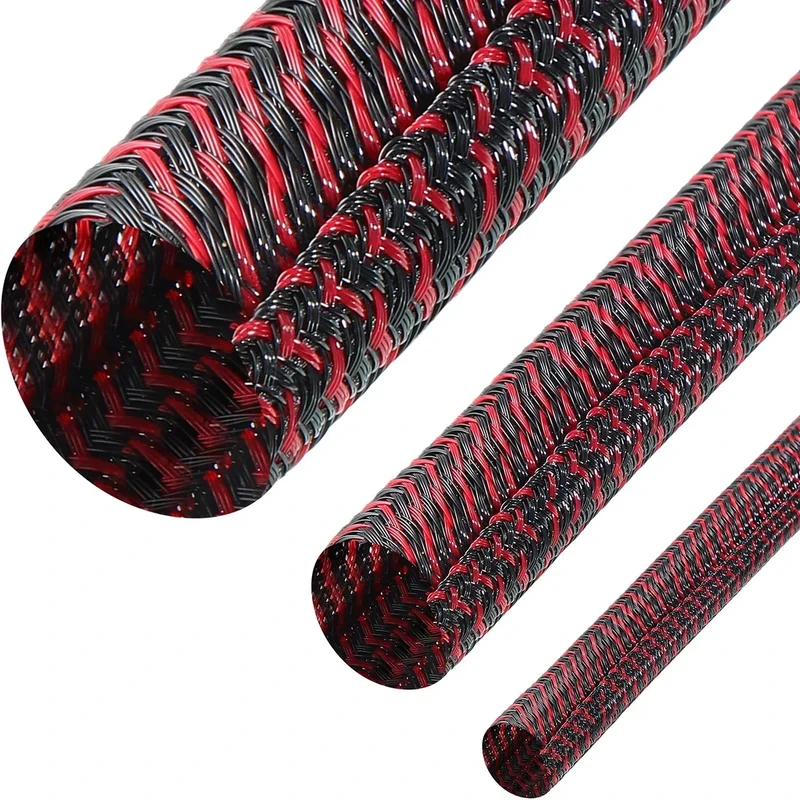 Boao 3 Pieces Cord Protector Wire Loom Tubing Cable Sleeve Split Sleeving for USB Charger Cable Cord Cover Audio Video Cable (Black with Red,1/2 Inch, 1/4 Inch, 3/4 Inch)