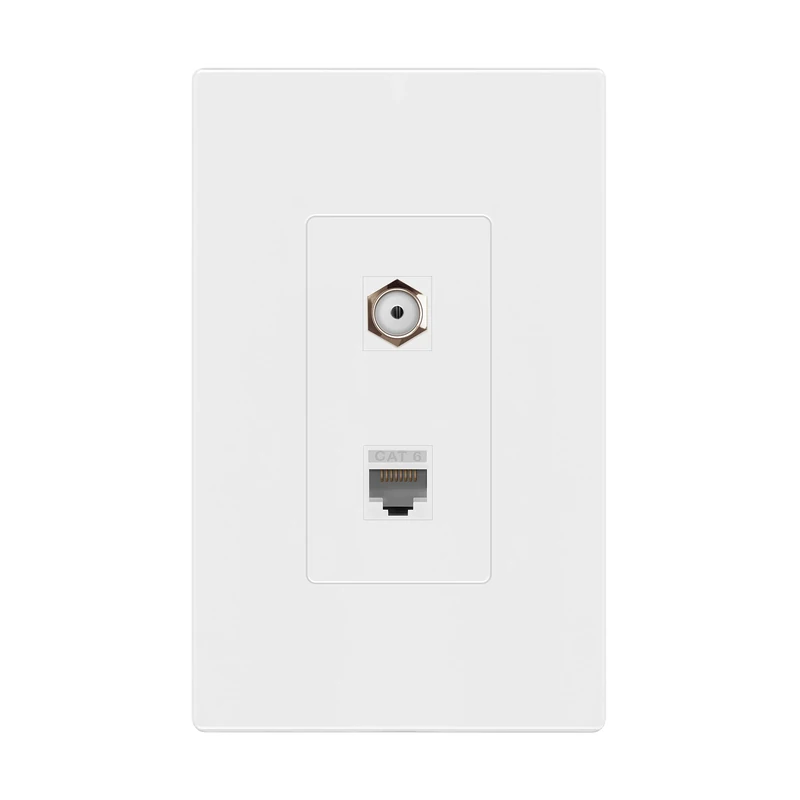 ENERLITES 2-Port Screwless Wall Plate with 1 CAT6 RJ45 Keystone Jack Module & 1 Nickel F-Type Coupler Bulkhead Audio/Video Connector, Standard Size 1-Gang 4.69" x 2.93", SI8872CFNK-W, White