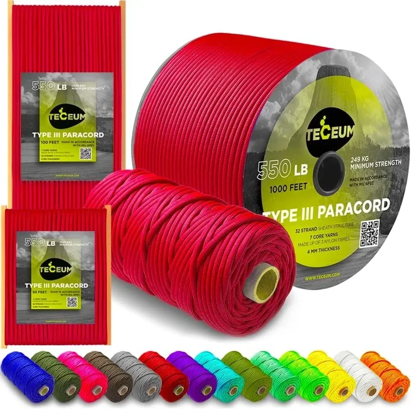 TECEUM Paracord Type III 550 Crimson – 100 ft – 4mm – Tactical Rope MIL-SPEC – Outdoor para Cord –Camping Hiking Fishing Gear and Equipment – EDC Parachute Cord – Strong Survival Rope 324