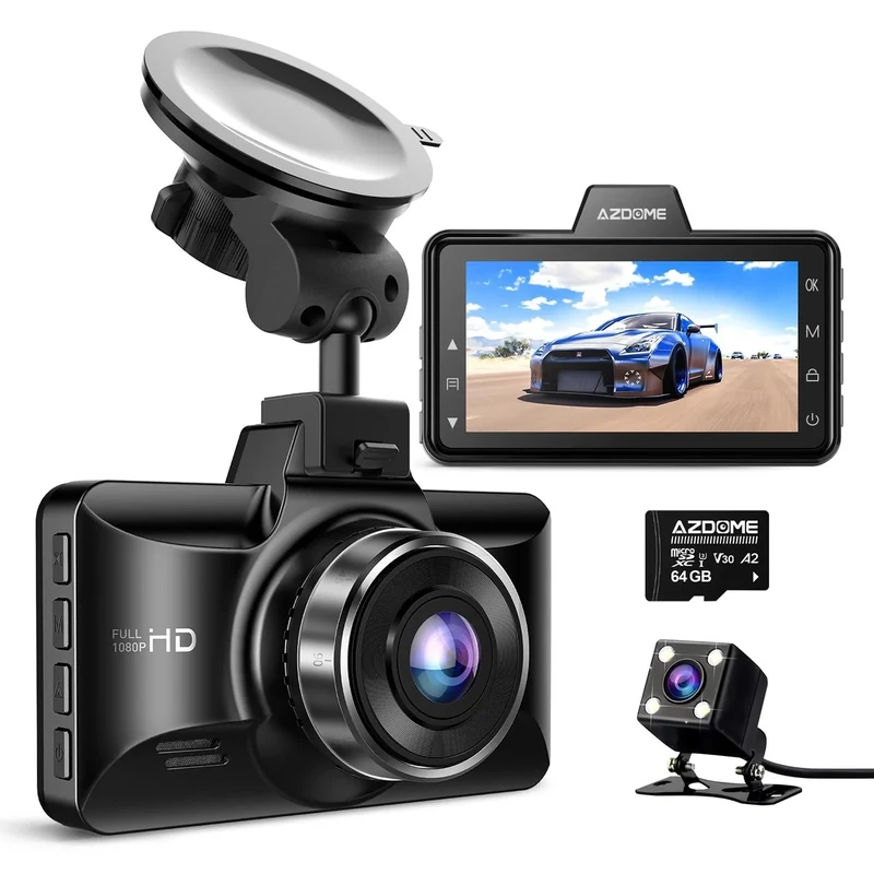 AZDOME M01 Pro Dual Dash Cam - 1080p Front, 720p Rear, ADAS, 64GB Card