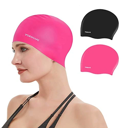 Vorshape Swim Caps for Women Long Hair (2 Pack), Durable Silicone Swimming Caps for Women Men Adults Youths, Easy to Put On and Off, Black&Pink
