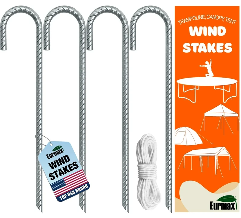 Eurmax USA Trampolines Stakes Heavy Duty Ground Stakes Canopy Parts Wind Stake with Rope 12 Inch Heavy Duty Stake Safety Ground Anchor Galvanized Steel J Shaped, Pack of 4(Gray)