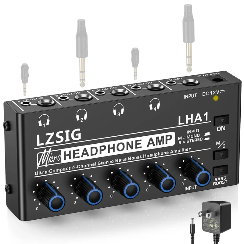 LZSIG Headphone Amplifier 4 Channel, Metal Stereo Audio Amplifier with Bass Boost, Mini Earphone Splitter with Power Adapter, 1/4" & 1/8" TRS Headphones Output & TRS Audio Input, DC 12V